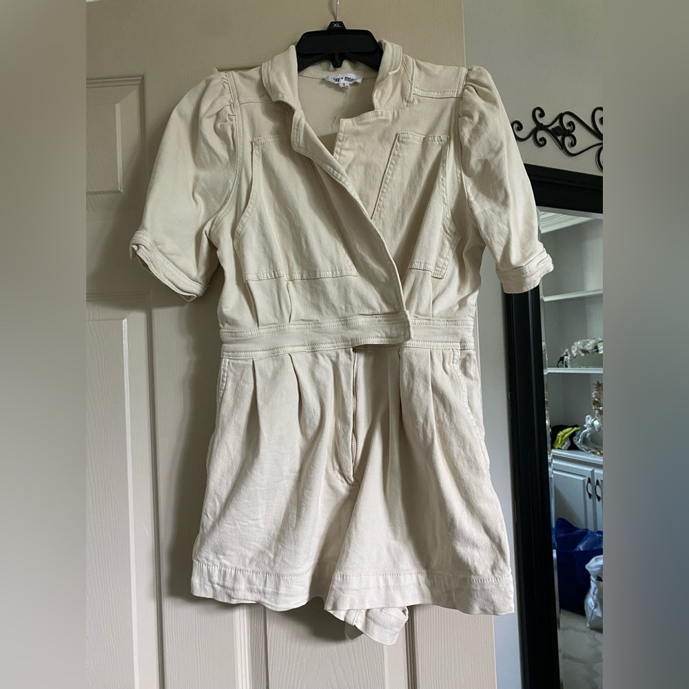 tan beige denim romper